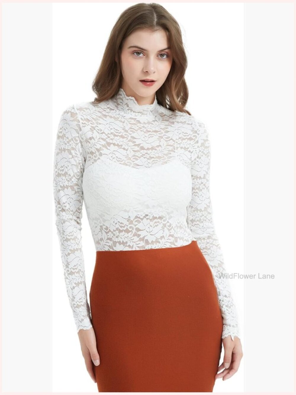 Mock Neck Lace Top Long Sleeve Tunic Blouse Going Out